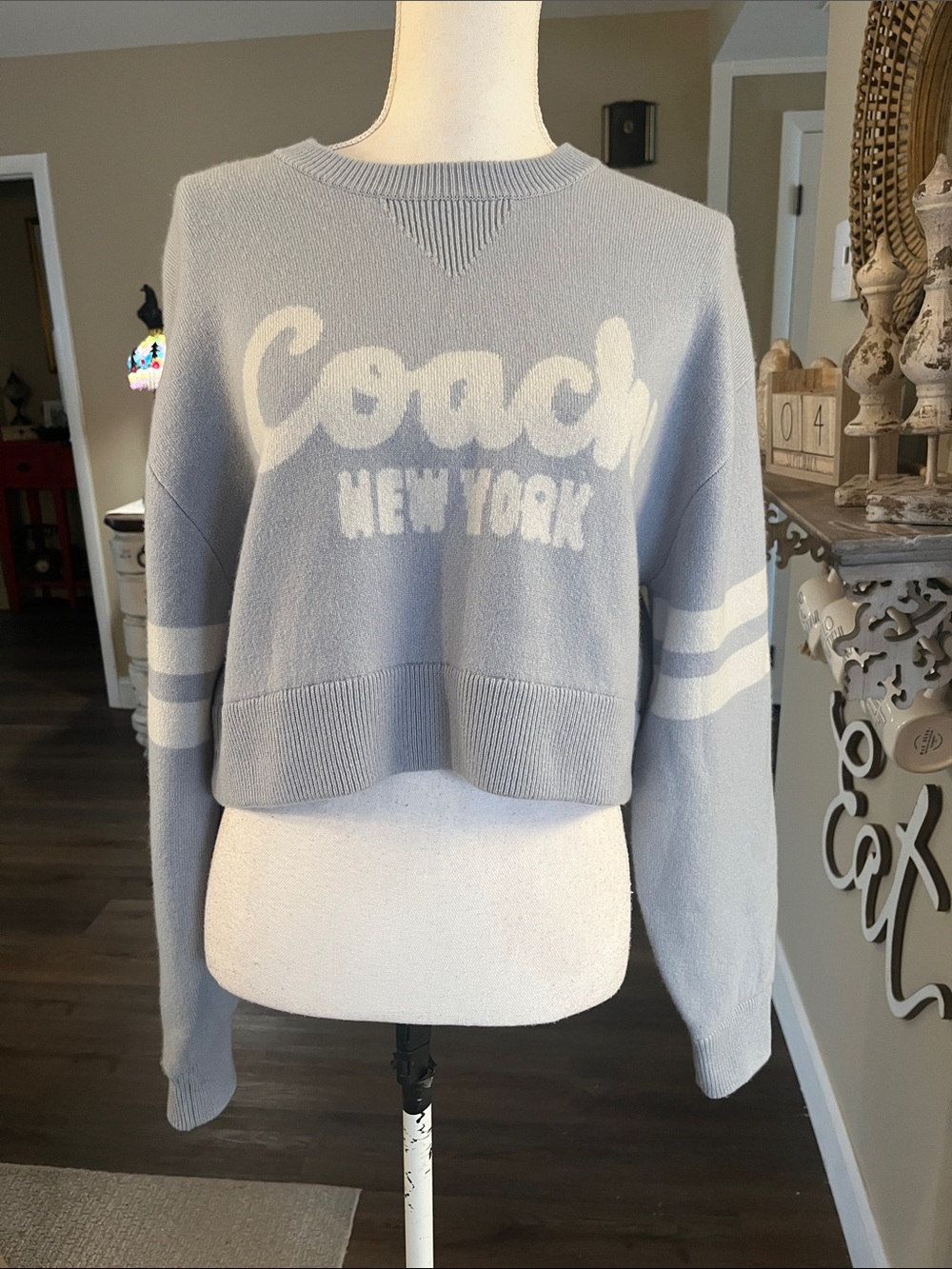 Coach Light Blue & White Logo Cropped Crewneck Sweater